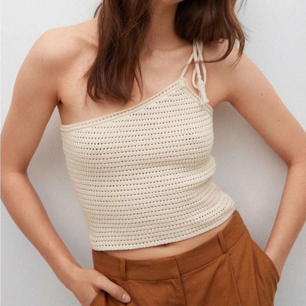 Mango Angola Asymmetric Open Knit Crochet Top